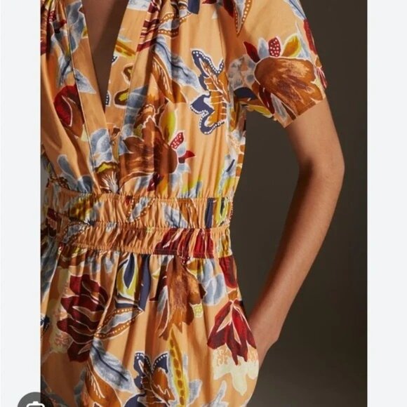 Anthropologie Somerset Tiered Mini Botanical Floral Dress Peach Blue Size‎ Large - Picture 3 of 8